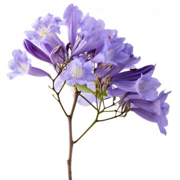 Studio shot of a cut jacaranda branch featuring vibrant purple flowers, isolated against a pure white backdrop, creating a clean and elegant image