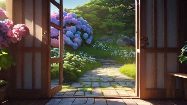 A minimalist wooden living room, sunlight pouring open door, winding stone path lined blooming hydrangeas, 2D Flat Cartoon Anime-style, Japanese 4k lofi hip-hop bites music animation video