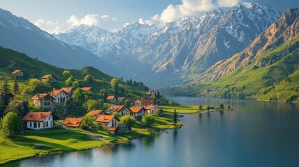 Fototapeta premium Serene lakeside village surrounded by majestic mountains and lush greenery.
