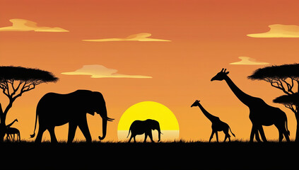 Savannah Sunset Silhouettes of wildlife like elephants and giraffes walking at sunset
