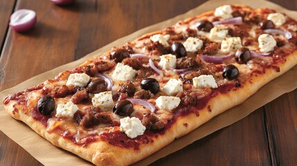 A flatbread-style pizza with Mediterranean toppings, including feta, olives, and red onions.