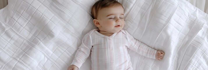 Sleeping peacefully Adorable baby rests peacefully with arms outstretched on soft white bedding.