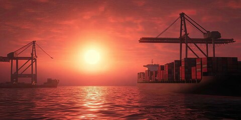 Obraz premium A serene sunset over the water, featuring silhouettes of cranes and cargo ships, creating a tranquil maritime scene.