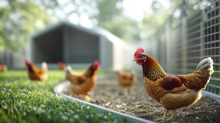 Fototapeta premium Chickens foraging in a sunny outdoor enclosure near a barn during the late morning hours. Generative AI