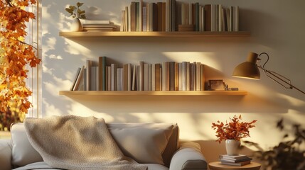 Cozy interior with bookshelves and autumn leaves creating a warm atmosphere in soft evening light. Generative AI
