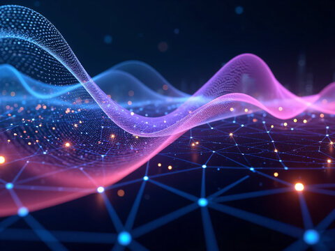 Smart city and abstract dot point connect with gradient line and aesthetic Intricate wave line design , big data connection technology concept