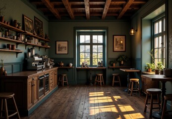 Sun shining through windows in cozy rustic coffee shop with green walls