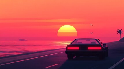 Car on a scenic sunset road along a coastal highway.