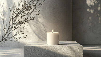 Minimalist white candle on neutral stone surface with shadow play