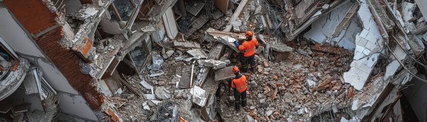 Disaster Recovery Engineers Assessing Collapsed Building Damage for Reconstruction