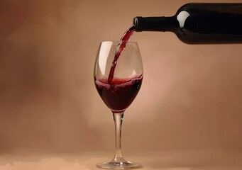 Red wine pouring into a glass from a bottle, creating a rich and vibrant red color against a dark brown background, perfect for depicting luxury, sophistication, and relaxation in fine dining 