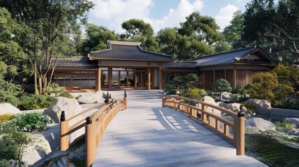 A Japanese-style bridge connecting two wings of a traditional home.