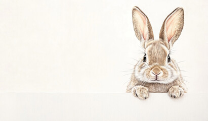 Obraz premium A fluffy rabbit with soft fur and large ears is curiously peering over a blank white surface. Its gentle expression invites attention, creating a charming and whimsical atmosphere