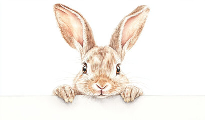 Obraz premium A fluffy rabbit with oversized ears and expressive eyes curiously looks over a white surface. The artwork captures the playful essence and charm of this adorable creature in a lighthearted style
