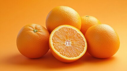 Fresh Oranges with One Sliced Half on Bright Orange Background