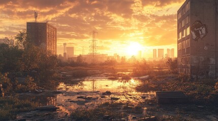 Sunset over abandoned buildings with reflections in muddy water in an urban wasteland. Generative AI