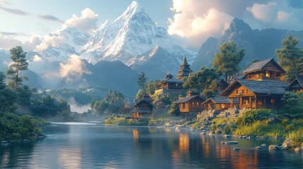 Fototapeta premium A serene landscape with mountains, a river, and traditional wooden houses at sunrise.
