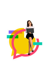 Exclusive image vertical photo collage of happy girl hold laptop chat communication icon message...