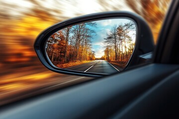 Fototapeta premium Driving through autumn scenery with blurred trees and a clear road reflected in the side mirror. Generative AI