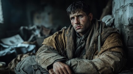 Portrait of a weary man in tattered clothing reflecting resilience in a dimly lit room. Generative AI