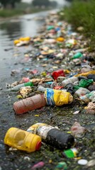 Plastic pollution in a waterway, showcasing the environmental damage caused by discarded plastic bottles and other debris. A stark image depicting the urgent need for recycling and waste management so