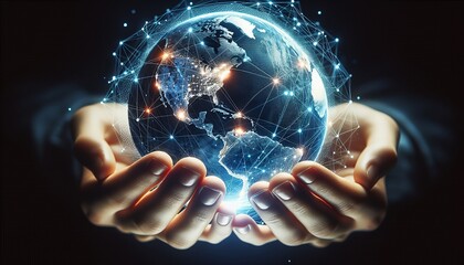 Two hands holding a glowing, digital globe, symbolizing global collaboration, technology, and shared responsibility.