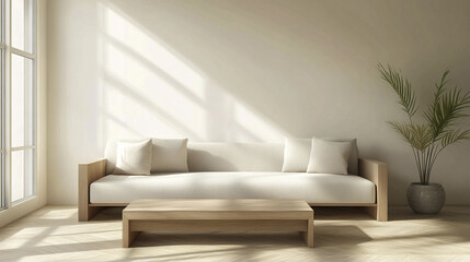 Minimalist modern living room with light tones and clean lines