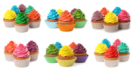 Yummy cupcakes with cream isolated on white, collage