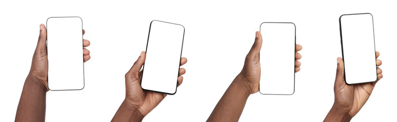Woman holding mobile phone with blank screen on white background, closeup. Collage