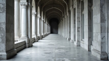 Obraz premium A serene grey pavement stretches out, lined by slender concrete pillars that rise from its edge, creating a striking urban landscape