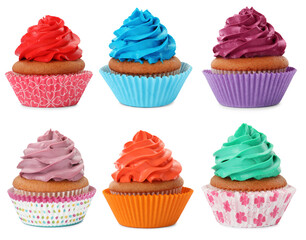 Yummy cupcakes with cream isolated on white, collage