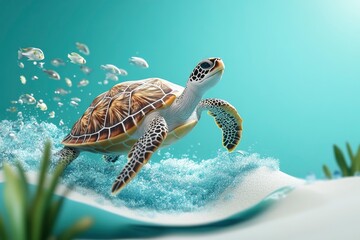 Obraz premium World Oceans Day Landing Page Template With Turtle 3D Rendering 
