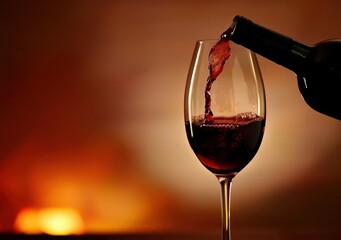 Red wine pouring into a glass from a bottle, creating a rich and vibrant red color against a dark brown background, perfect for depicting luxury, sophistication, and relaxation in fine dining 