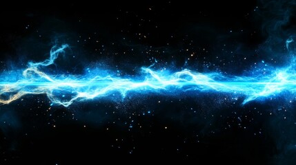 Obraz premium Horizontal neon light beams, blue speed lines, and sparks. 