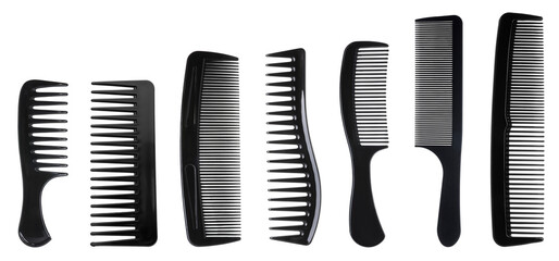 Different hair combs isolated on white, set