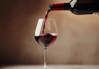 Red wine pouring into a glass from a bottle, creating a rich and vibrant red color against a dark brown background, perfect for depicting luxury, sophistication, and relaxation in fine dining 