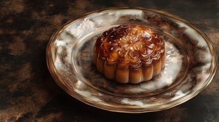 A glossy, intricately designed mooncake sits on a plate, symbolizing prosperity and tradition in the heart of Chinese New Year celebrations.