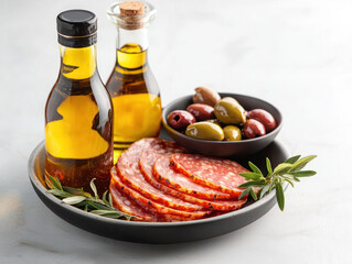 Mediterranean charcuterie plate with sliced salami, olives, olive oil bottles, and fresh herbs on a dark ceramic dish