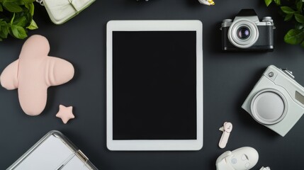 Luxury workspace: blank tablet, camera, copy space on black table, top view. 