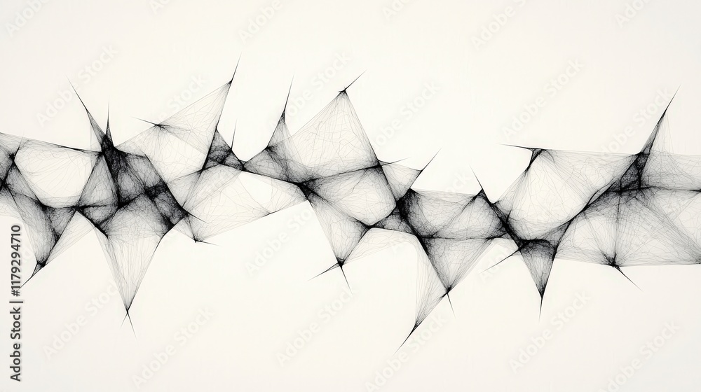 Poster intricate black and white abstract network of geometric shapes with sharp points and dynamic lines