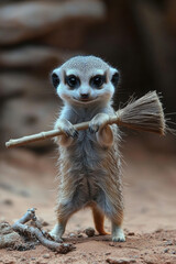 Animal with broom, A meerkat stands upright, gripping a branch, showcasing its curious nature in this high-fidelity image, perfect for wildlife and animal-themed projects.
