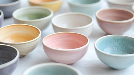 Multicolored ceramic bowls, modern pastel tableware