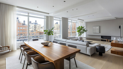 Fototapeta premium Modern apartment with sleek wooden table and chairs, bright and spacious