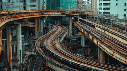 A panoramic shot of a sky train system with multiple tracks and intersecting bridges.