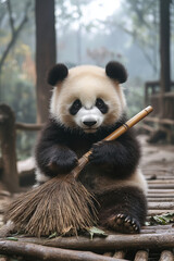 Obraz premium Animal with broom, A whimsical digital illustration of a panda sitting with a broomstick across its lap, showcasing high fidelity and vibrant colors.