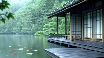 Fototapeta premium A peaceful veranda of a Japanese house overlooking a tranquil koi pond.