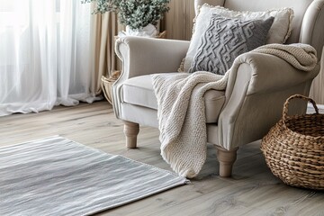 close-up armchair with a knit blanket and a decorative pillow, wicker basket on light wooden floor and a soft gray rug, minimalistic interior