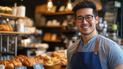 A barista smiles warmly in a blue apron, standing in a cozy coffee shop with a selection of bakery goods in the background, creating a welcoming ambiance.