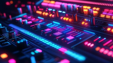Neon audio equalizers and radial sound waves.