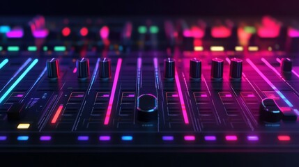 Neon audio equalizers and radial sound waves.